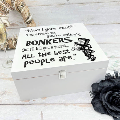 Alice in Wonderland White Wooden Box - Mad Hatter Memory Keepsake Storage Box