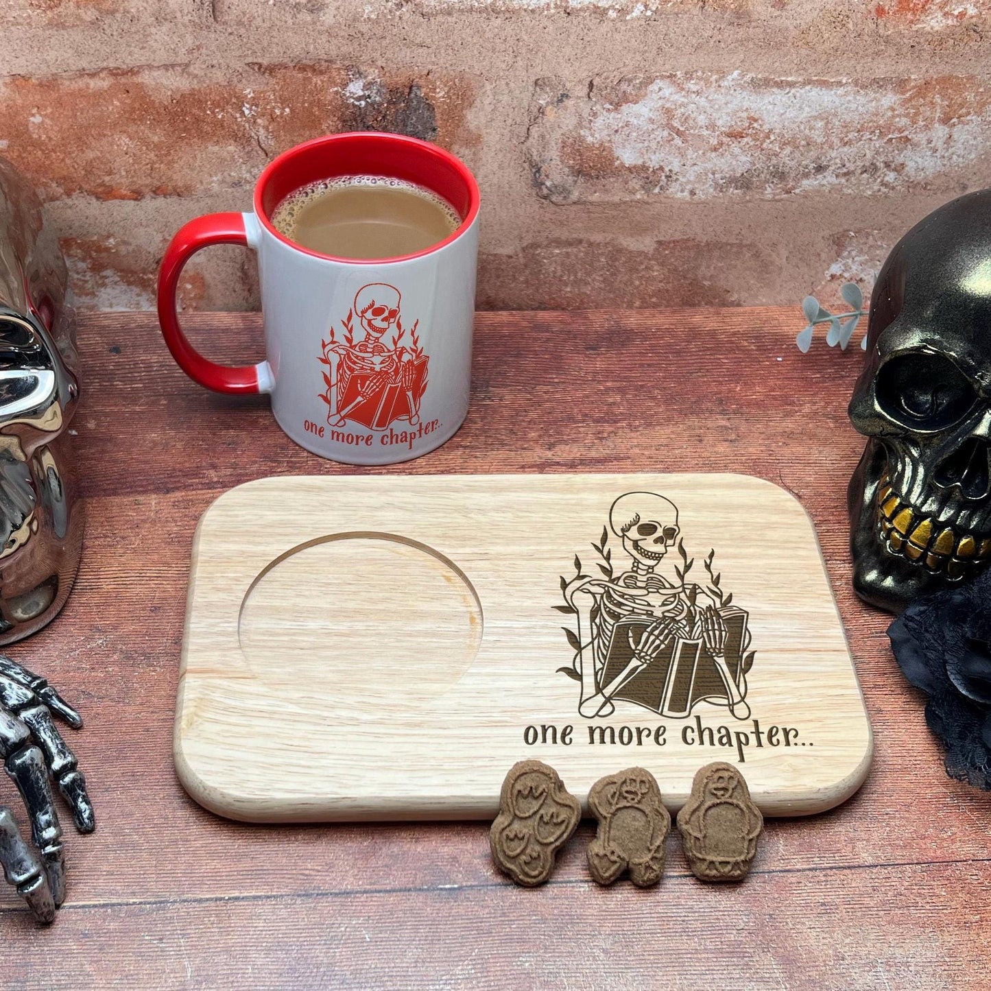 a wooden coaster with a skull and a cup of coffee