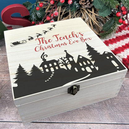 Santa Sleigh Town Silhouette Christmas Eve Treats Personalised Wooden Box