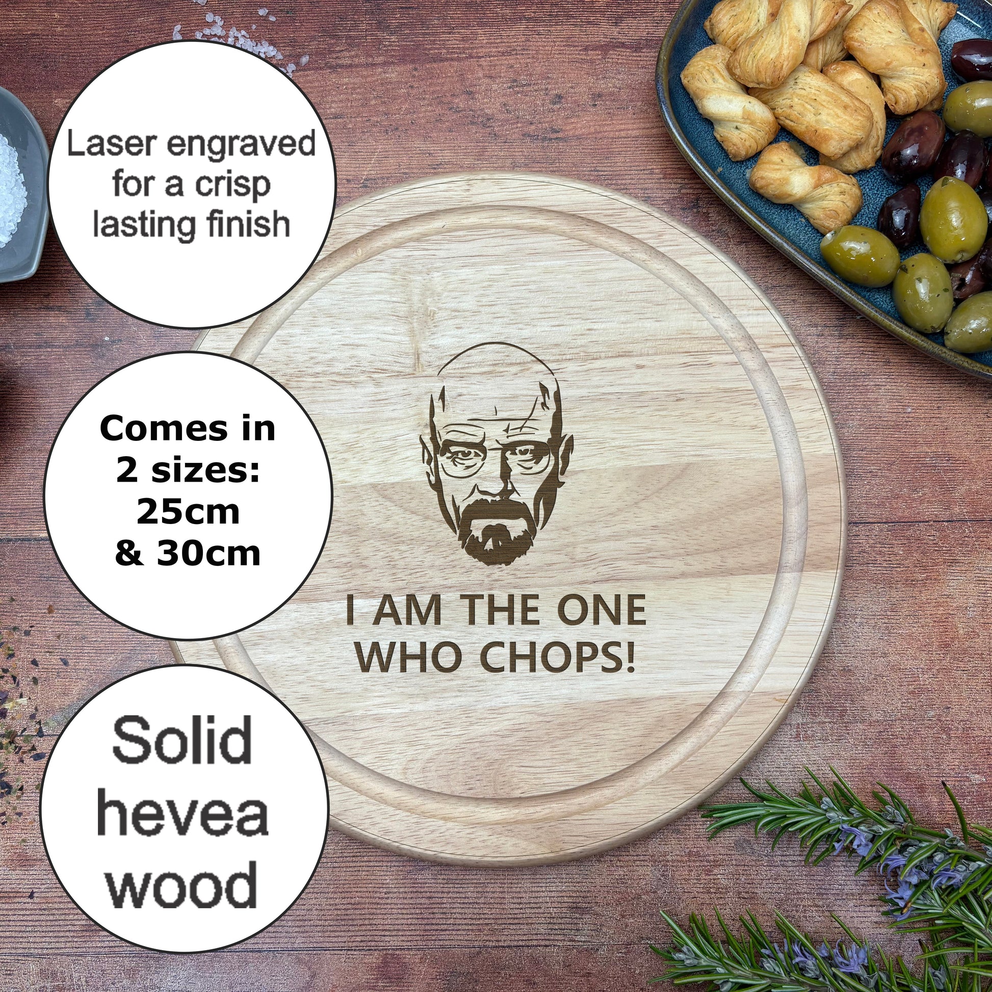 a wooden cutting board with a picture of a man's face on it