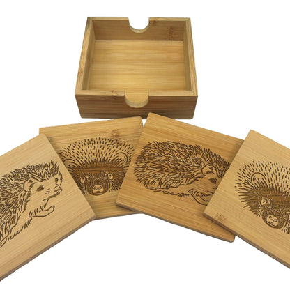 Hedgehog Cottage Core Engraved Bamboo Coaster Set New Home Décor House Warming Gift Christmas Gift Birthday Present Woodland Animal