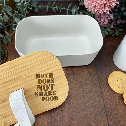 Does not share food Personalised Bamboo Eco Friendly Lunchbox - School Work Packed Lunch
