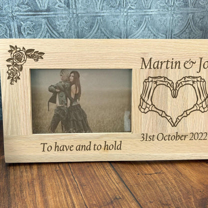 Bone Heart Hands Couple Oak Photo Frame - Wedding Anniversary Personalised Gift
