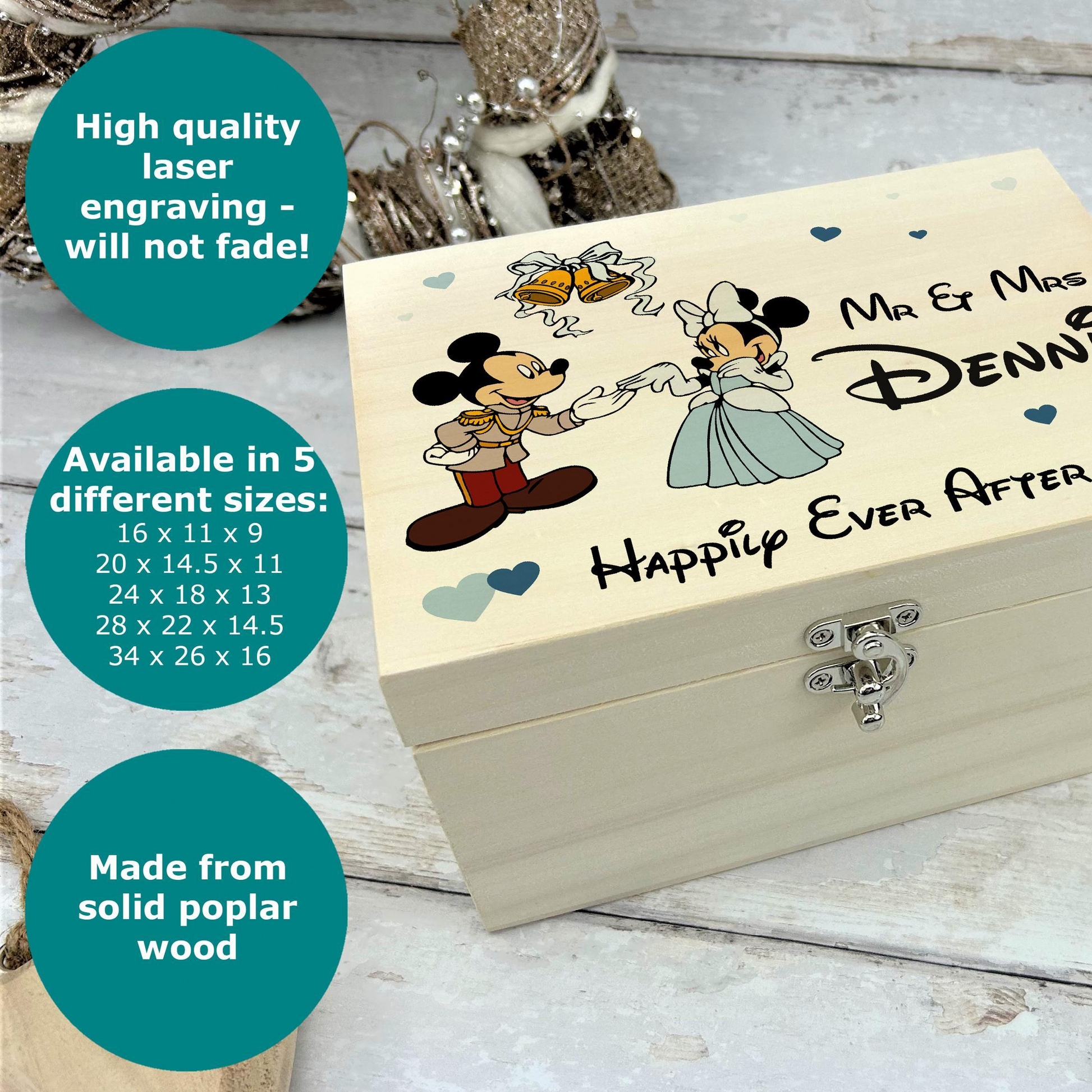 a wooden box with a picture of mickey and minnie on it