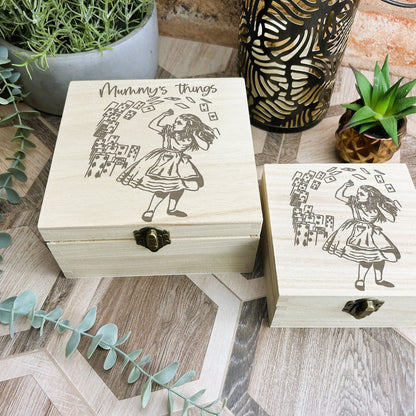 Alice in Wonderland Illustration Engraved Wooden Box - Trinket Jewellery Box - Christmas Birthday Gift