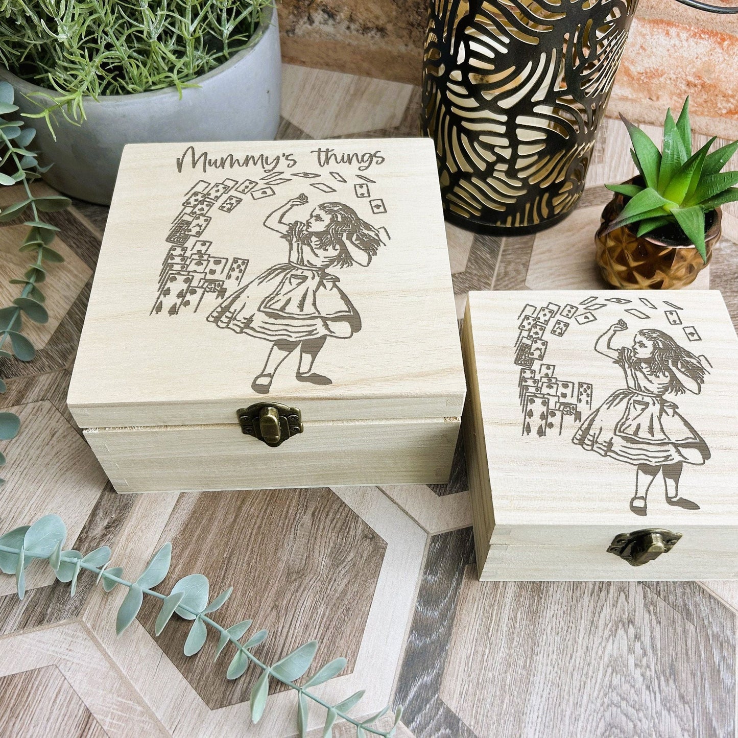 Alice in Wonderland Illustration Engraved Wooden Box - Trinket Jewellery Box - Christmas Birthday Gift