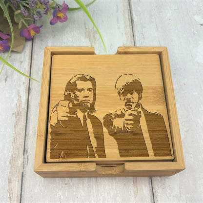 Quentin Tarantino Directed Movies Engraved Bamboo Coaster Set New Home Décor House Warming Gift Pulp Fiction Reservoir Dogs Kill Bill