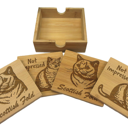 Scottish Fold Cat Engraved Bamboo Coaster Set New Home Décor House Warming Gift Christmas Gift Birthday Present Secret Santa