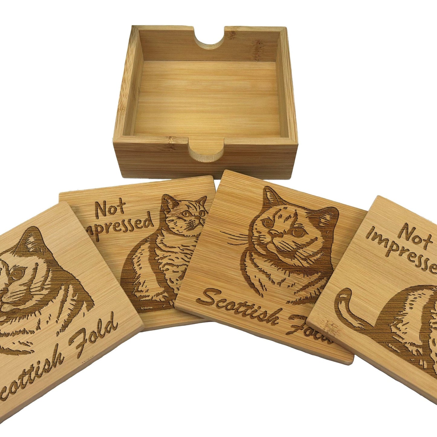 Scottish Fold Cat Engraved Bamboo Coaster Set New Home Décor House Warming Gift Christmas Gift Birthday Present Secret Santa