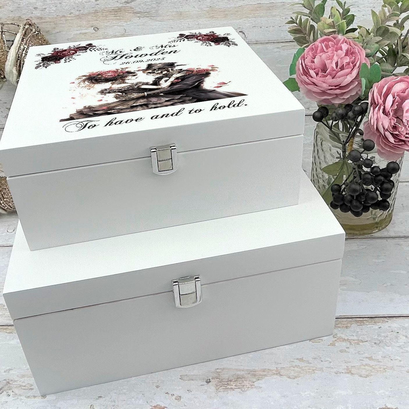 Personalised  Skull Couple White Memory / Keepsake Box - Wedding Anniversary Gift - Gothic Couple