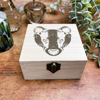 Badger Illustration Engraved Wooden Trinket Jewellery Box Woodland Animal Christmas Gift Birthday Present
