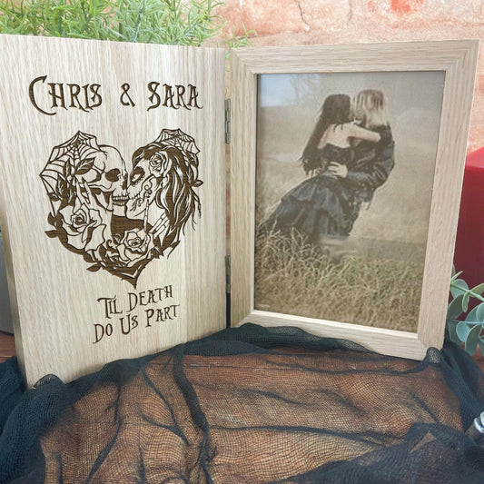 Personalised Sugar Skull Couple, Wedding, Anniversary Photo Frame. 'Til Death Do Us Part'  Gothic, Goth, Emo, Horror Themed Gift. Solid Oak