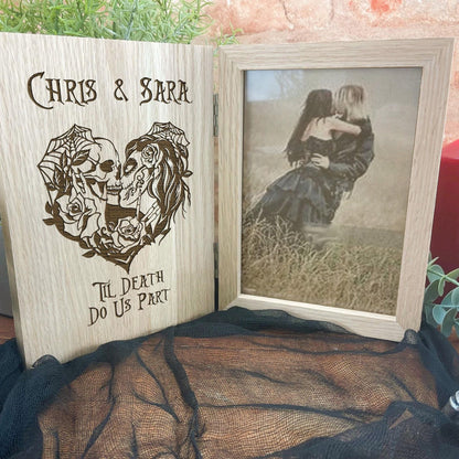 Personalised Sugar Skull Couple, Wedding, Anniversary Photo Frame. 'Til Death Do Us Part'  Gothic, Goth, Emo, Horror Themed Gift. Solid Oak