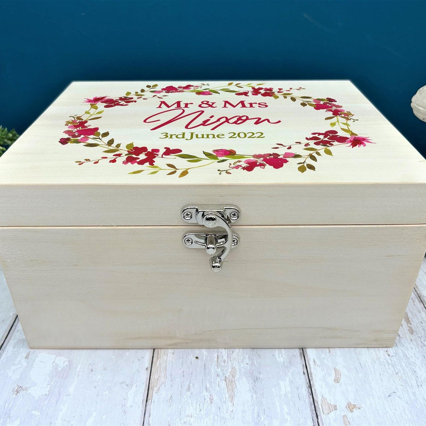 Wedding Memory Box - Pink Floral Wreath Design - Personalised Wedding Gift
