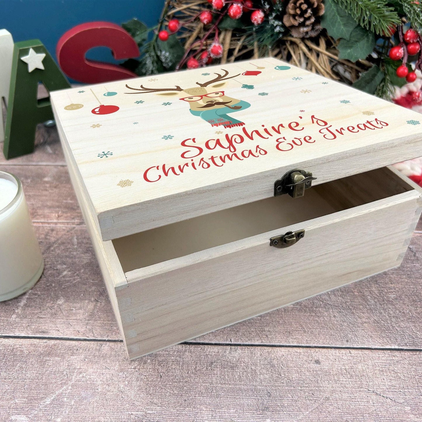 Hipster Deer Personalised Wooden Christmas Eve Box