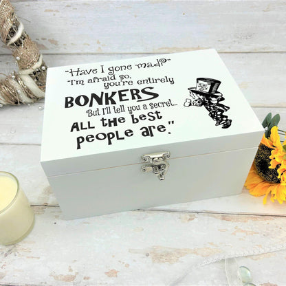 Alice in Wonderland White Wooden Box - Mad Hatter Memory Keepsake Storage Box