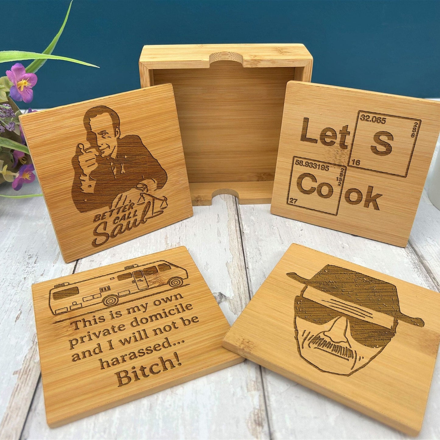 Breaking Bad Heisenberg Walter White Better Call Saul Jesse Pinkman Bamboo Engraved Coaster Set New Home Décor House Warming Gift