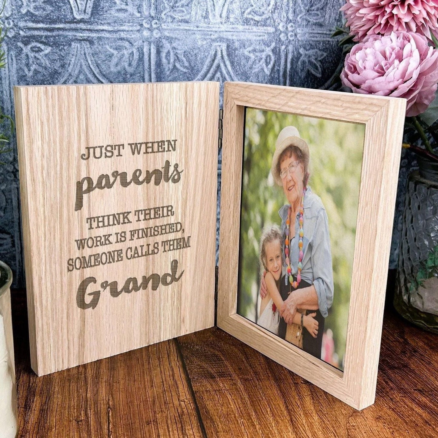 Parents to Grandparents Quote Personalised Oak Photo Frame Gift - Baby Announcement