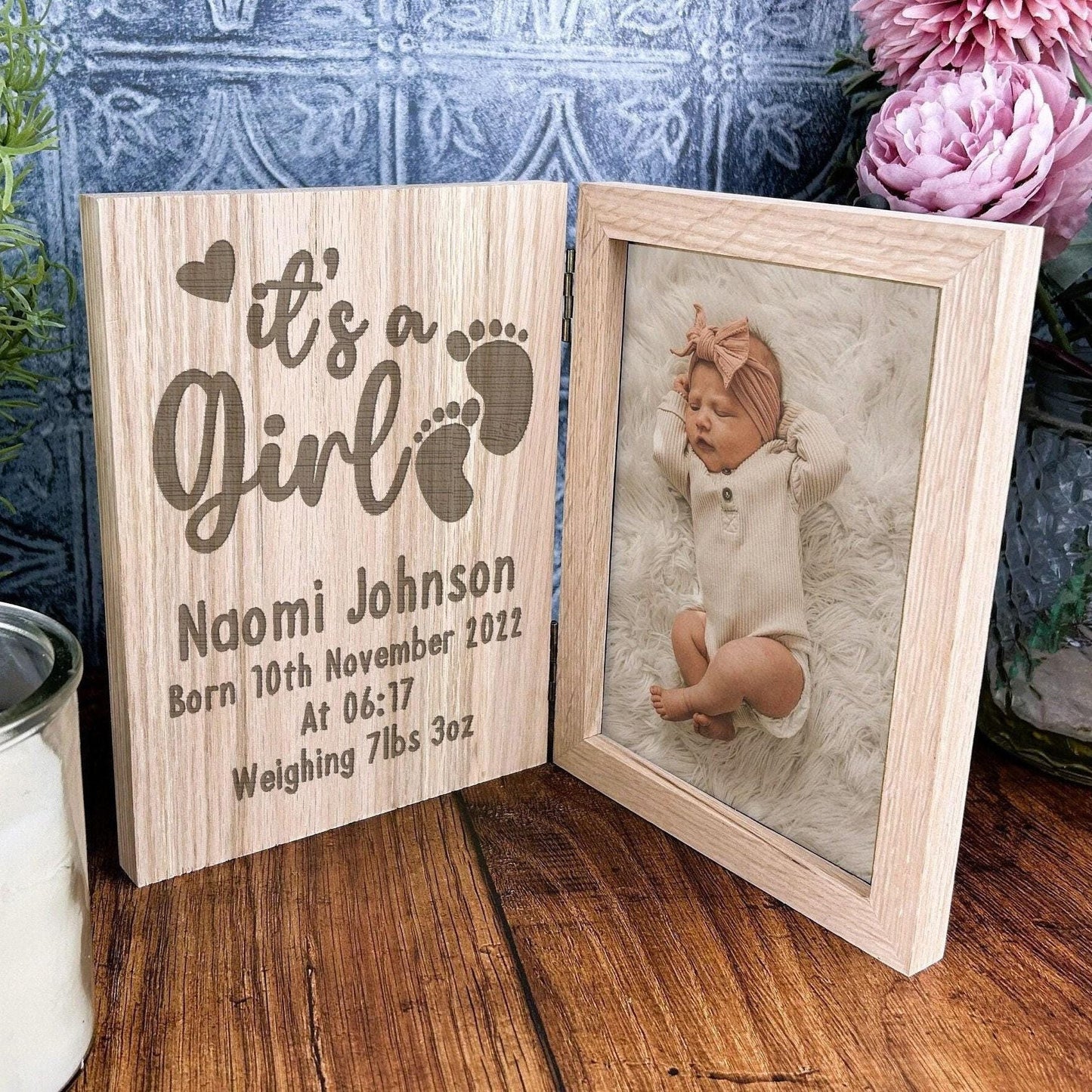 It's A Girl New Baby Personalised Oak Photo Frame Gift - New Baby Gift