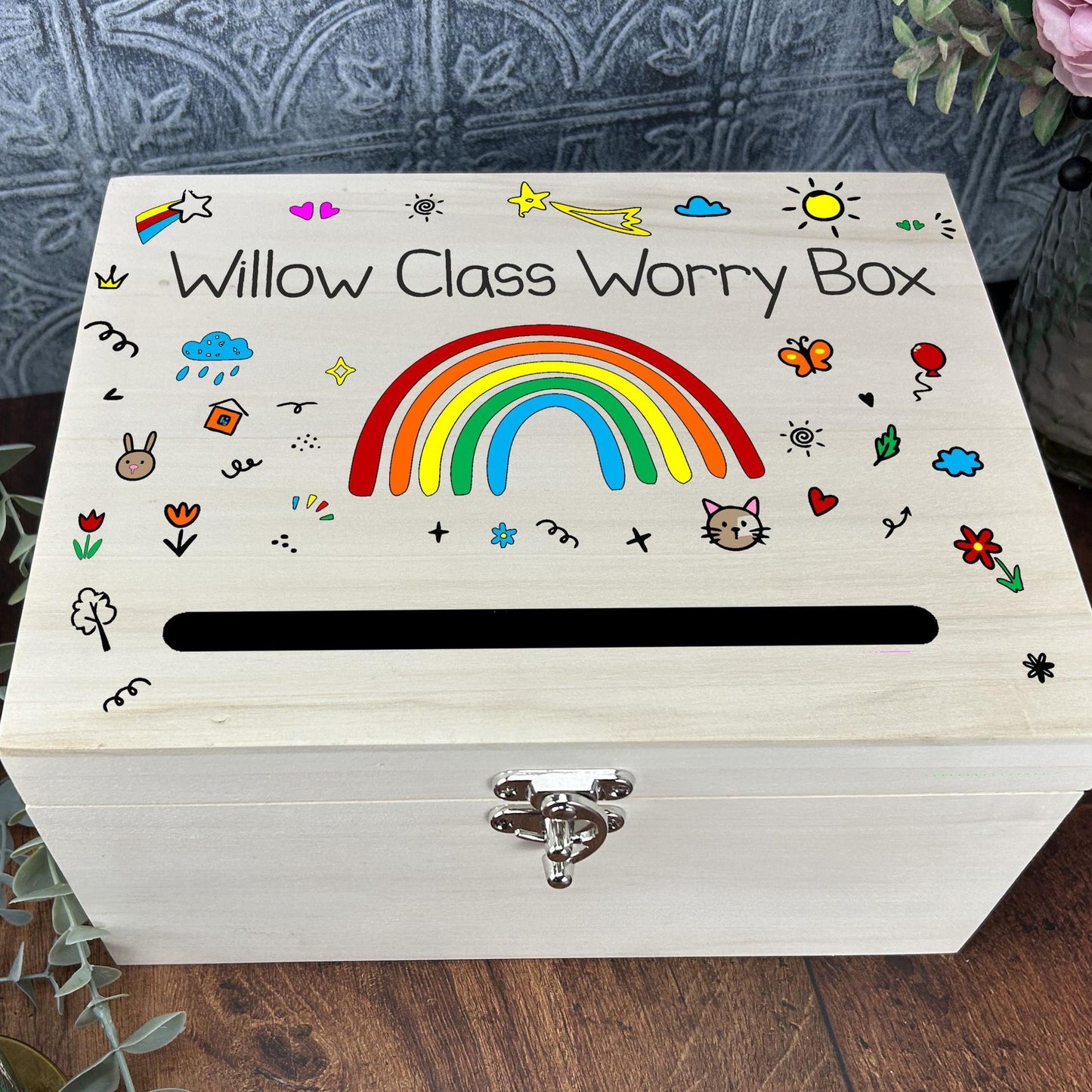 Colourful Childs Doodle Design Worry Box Personalised Primary School Dropbox