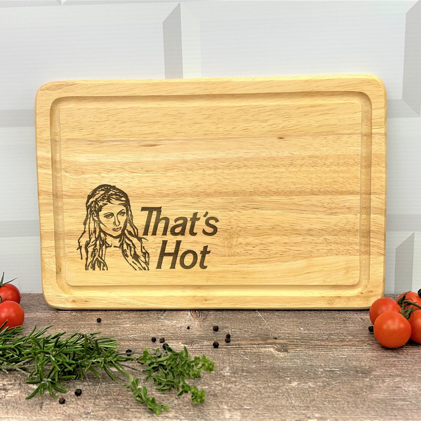 a cutting board with a picture of a woman on it