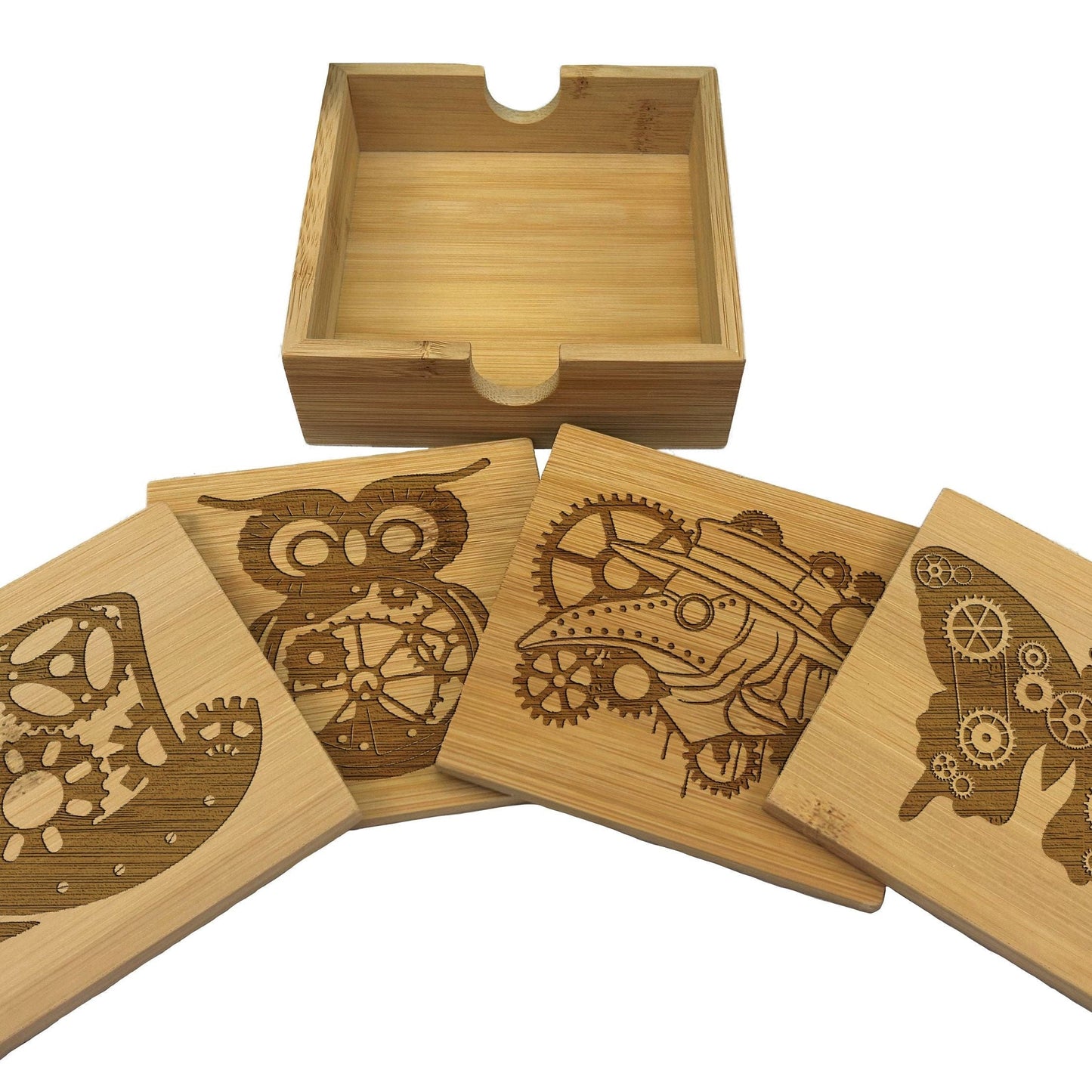 Steampunk Plague Doctor Owl Butterfly Hat Victorian Engraved Bamboo Coaster Set New Home Décor House Warming Christmas Gift Birthday Present