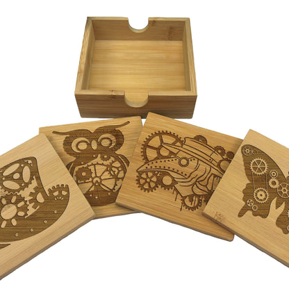 Steampunk Plague Doctor Owl Butterfly Hat Victorian Engraved Bamboo Coaster Set New Home Décor House Warming Christmas Gift Birthday Present