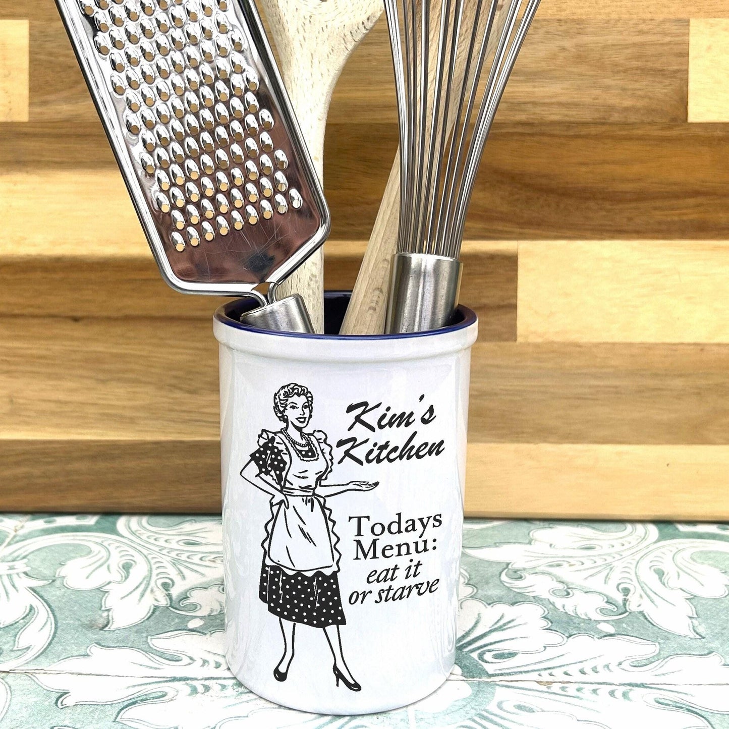 Housewife Illustration Kitchen Utensils Holder - Cutlery Pot - Personalised Gift Housewarming