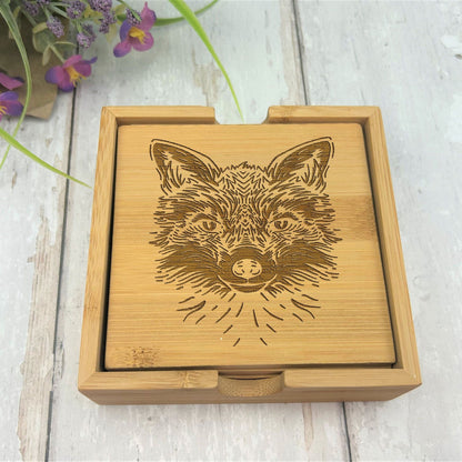 Woodland Animal Cottage Core Engraved Bamboo Coaster Set Home Décor House Warming Christmas Gift Birthday Present