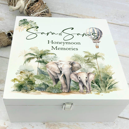 Safari Elephant White Memory Keepsake Storage Box - Personalised Gift