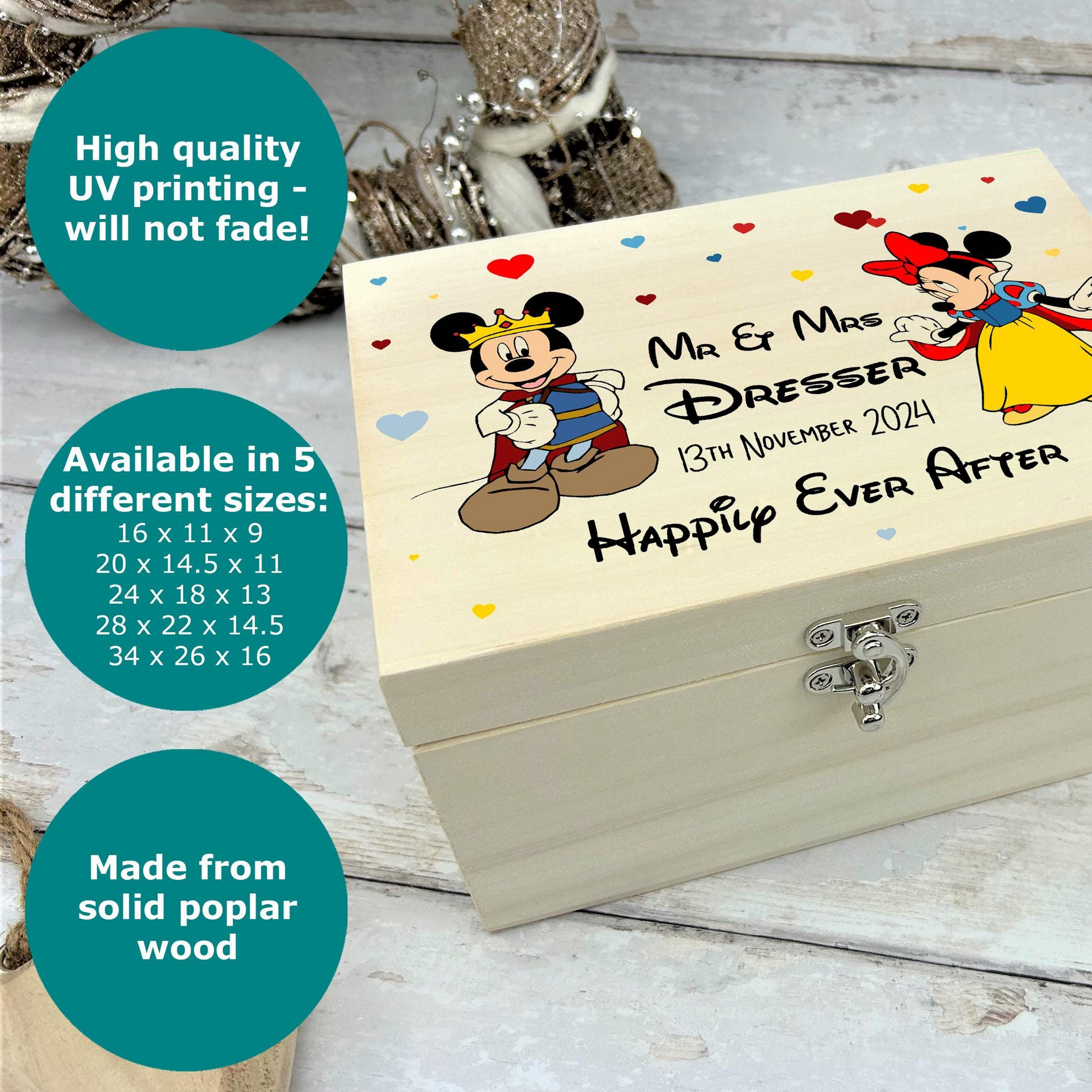 a wooden box with a picture of mickey and minnie on it