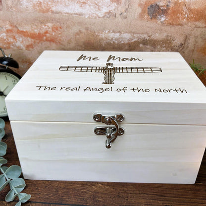 Me Mam - The Real Angel of The North - Geordie Gift - Luxury Wooden Memory Box