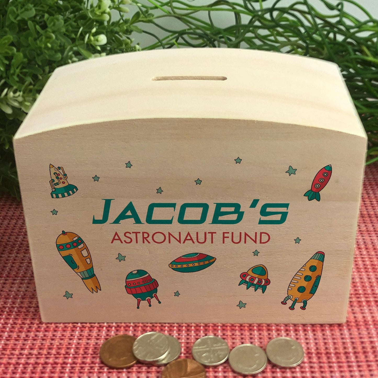 Astronaut Fund - Personalised Children's Wooden Money Box - Rockets - Birthday Saving Gift