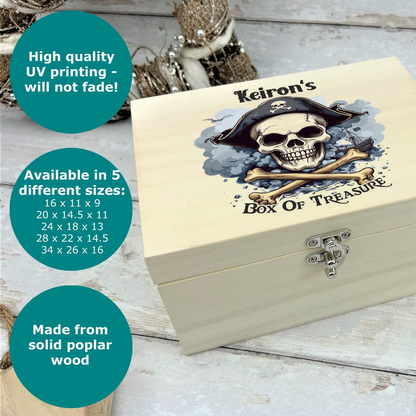 a wooden box with a pirate skull on it