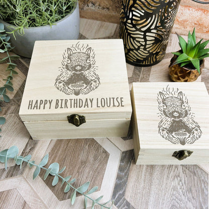 Squirrel Engraved Illustration Wooden Trinket Jewellery Box Christmas Gift Birthday Present Woodland Animal
