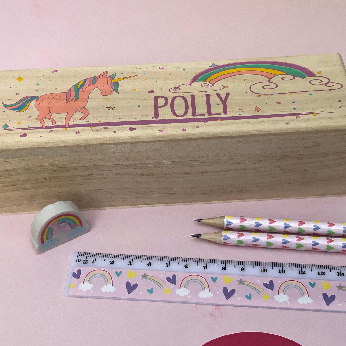 Unicorn Printed Personalised Wooden Pencil Case Box - Pencil Case School Stationery Birthday Gift