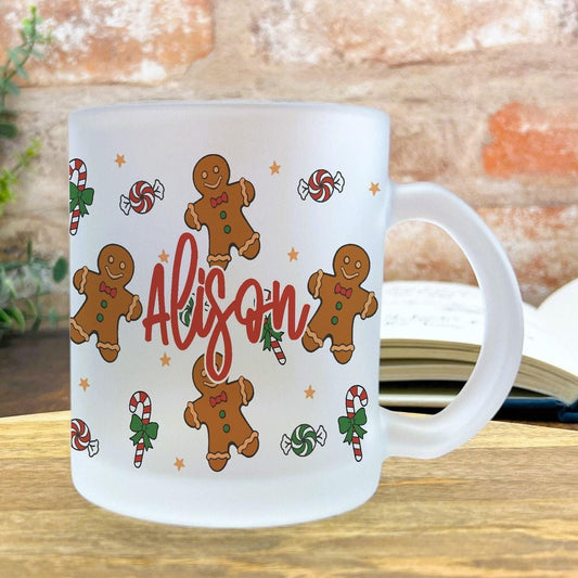 Gingerbread Pattern Christmas Mug Personalised Frosted Glass Secret Santa Gift XMAS Stocking Filler