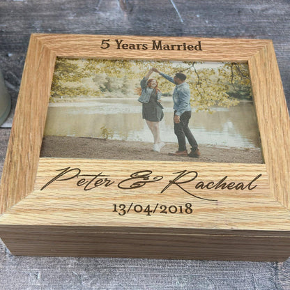 5 Year Anniversary - Personalized  Memory Box - Solid Oak - Holds 6x4  7x5 Photos - Fifth Anniversary Gift