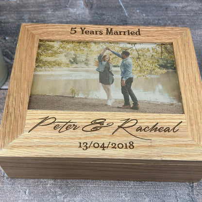 5 Year Anniversary - Personalized  Memory Box - Solid Oak - Holds 6x4  7x5 Photos - Fifth Anniversary Gift