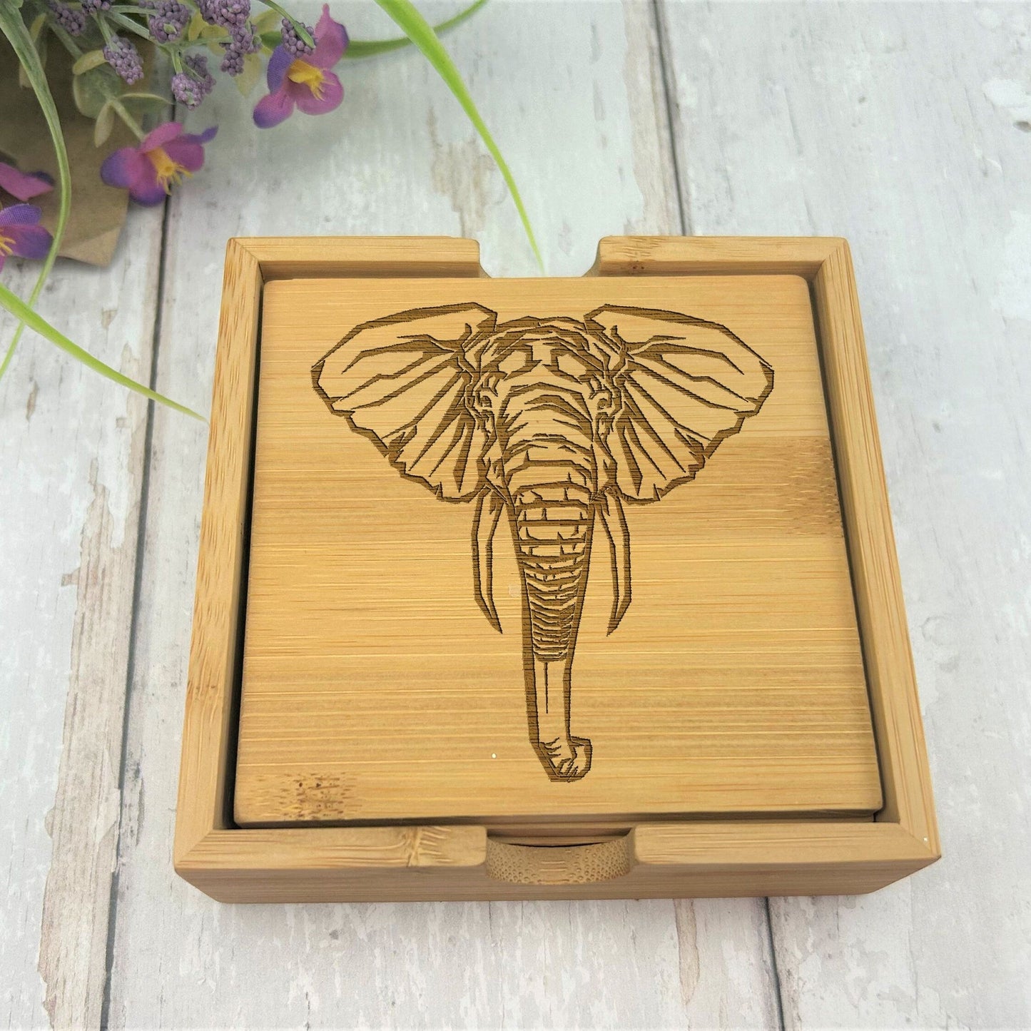 Elephant Engraved Bamboo Coaster Set New Home Décor House Warming Gift Christmas Gift Birthday Present