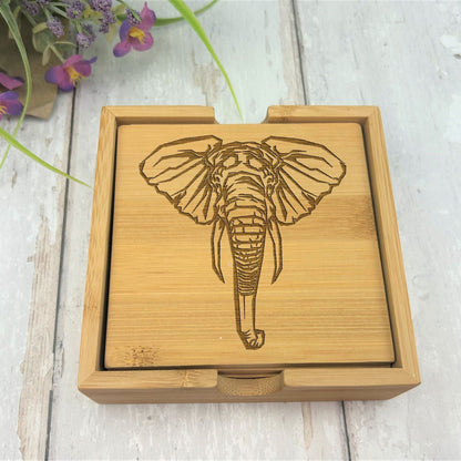 Elephant Engraved Bamboo Coaster Set New Home Décor House Warming Gift Christmas Gift Birthday Present