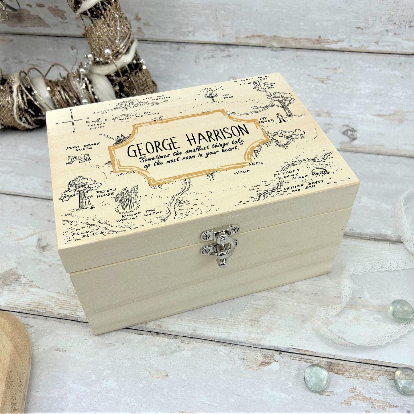 Pooh Bear Wood Map Christening New Baby Personalised Wooden Memory Box Gift