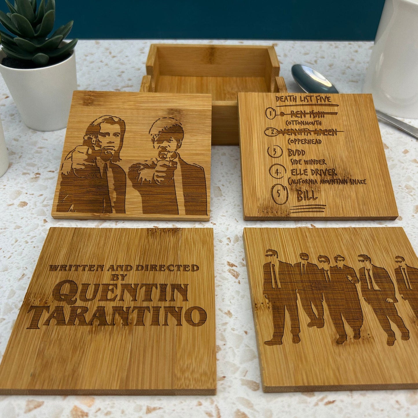 Quentin Tarantino Directed Movies Engraved Bamboo Coaster Set New Home Décor House Warming Gift Pulp Fiction Reservoir Dogs Kill Bill