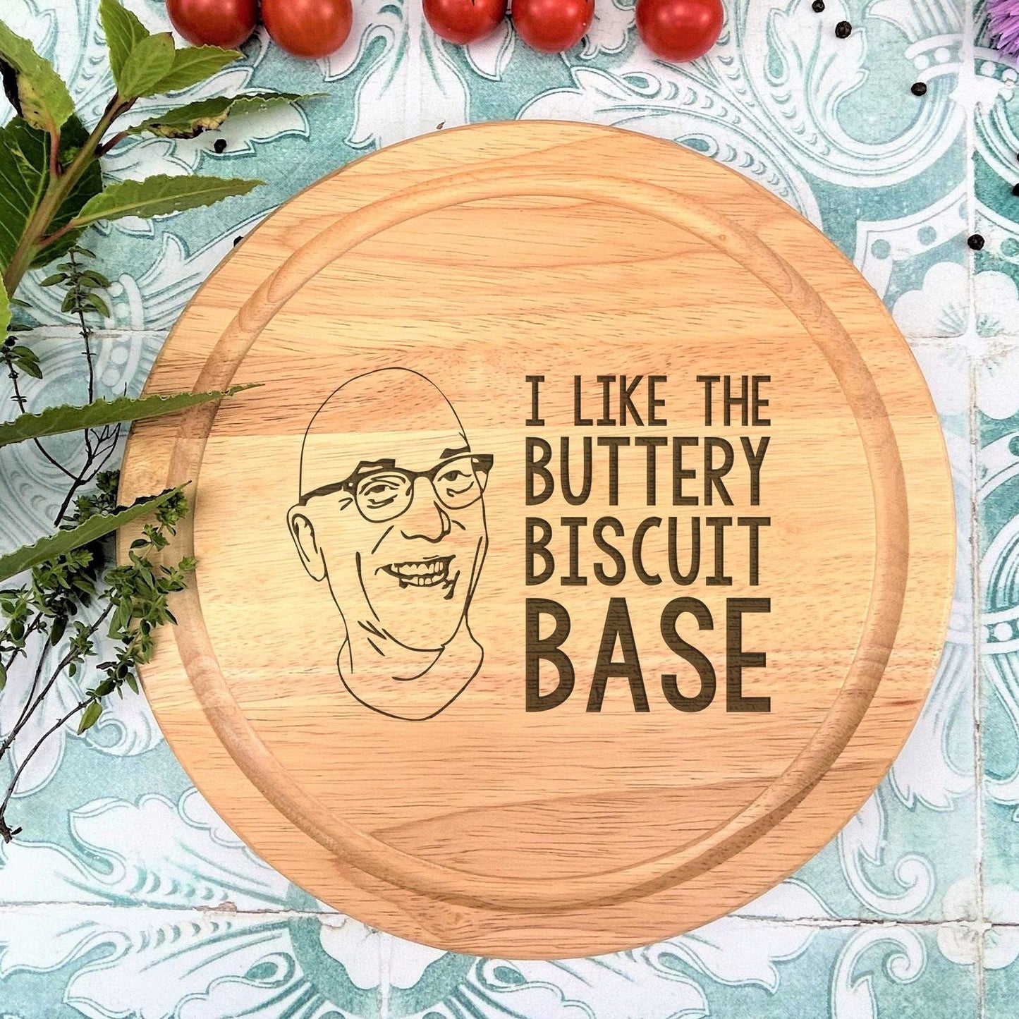 a cutting board with a picture of a man on it