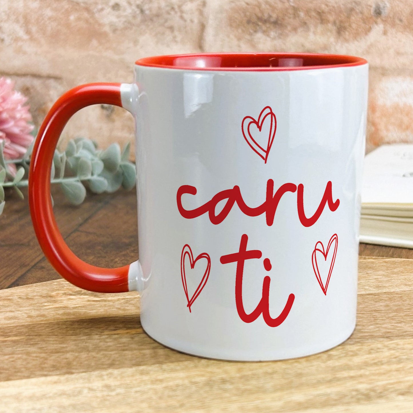 a red and white coffee mug with the words can't ti printed on it