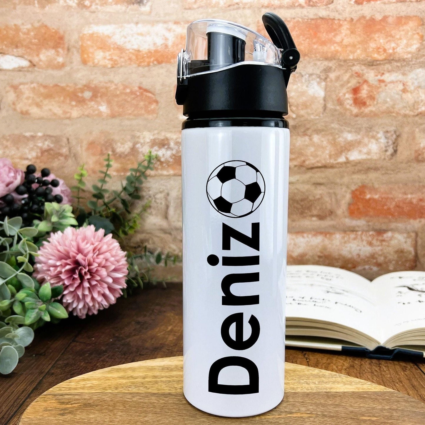 Personalised Name and Football Exercise Training Gift Hydration Gym Fitness Flip Cap Water Bottle