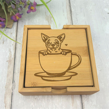 Chihuahua Pet Dog Engraved Bamboo Coaster Set New Home Décor House Warming Birthday Gift Christmas Present Doggy Animal