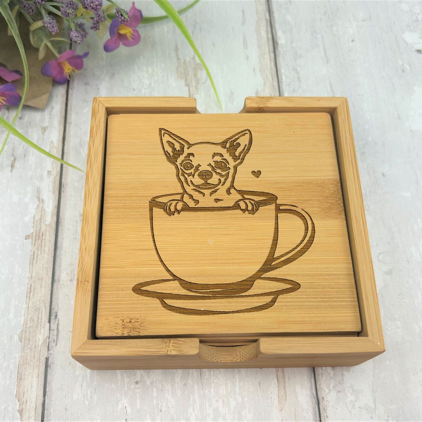 Chihuahua Pet Dog Engraved Bamboo Coaster Set New Home Décor House Warming Birthday Gift Christmas Present Doggy Animal