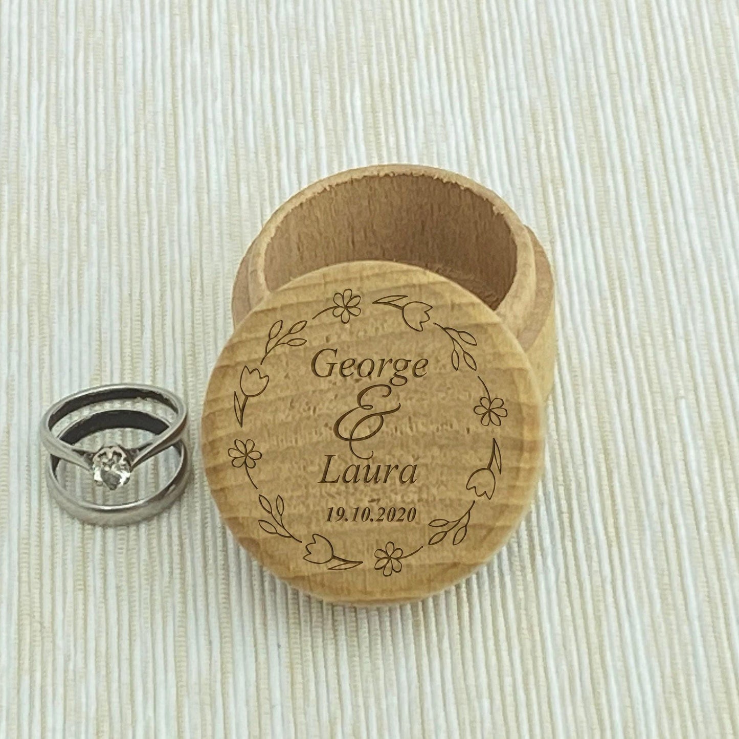 Floral Wreath Name Date Wedding Ring Carrier Box Personalised Engagement Gift
