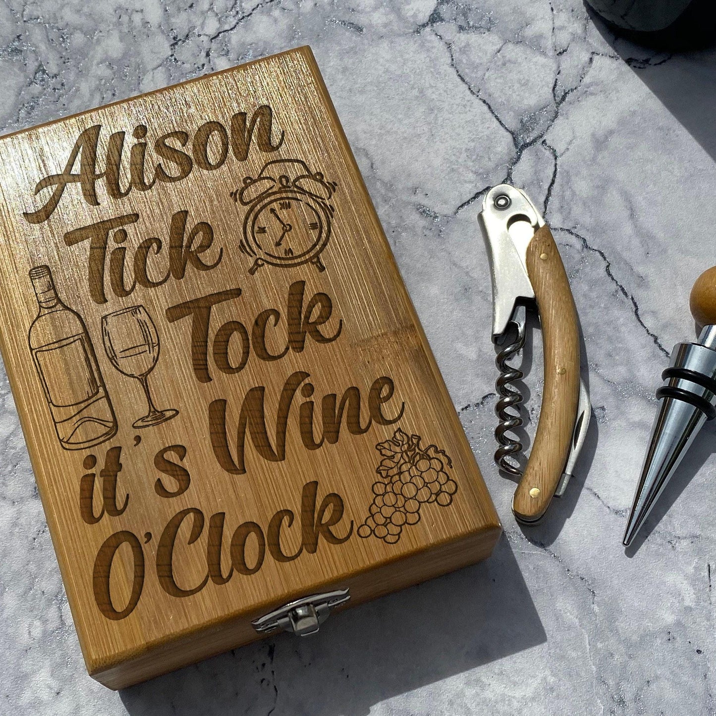 Tick Tock Wine O Clock - Personalised Wine Accessory Kit - Mother's Day Father's Day Birthday Gift